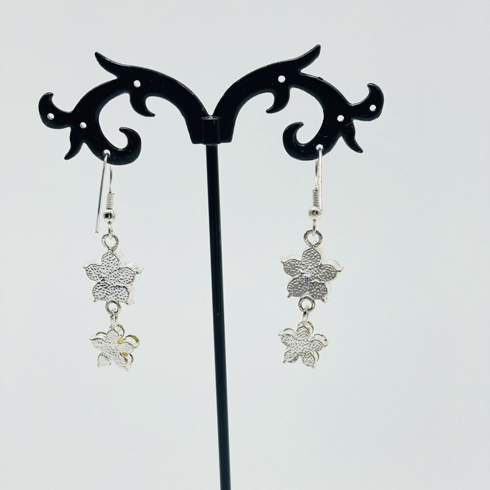 Flower Drop Pierced Earrings Silver Tone Pink Rhinestone Floral Garden Glam - Picture 5 of 6